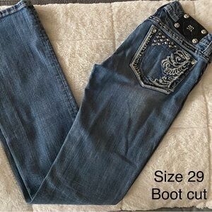 Miss Me Dark Blue Boot Cut Jeans with Silver Accents